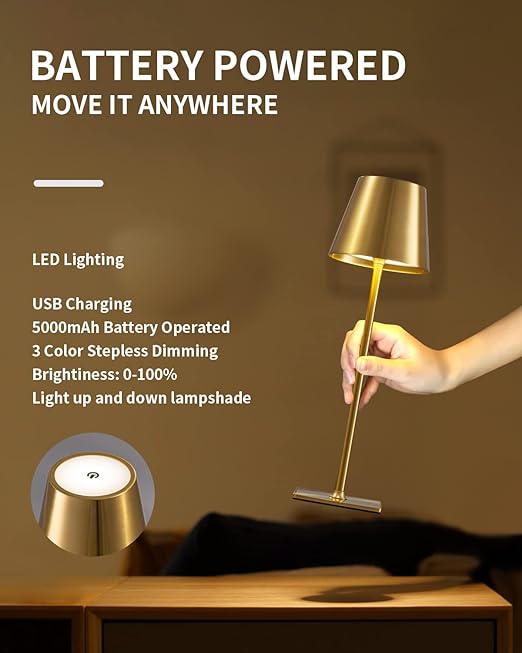 KDG 2 Pack Cordless Table Lamp,Portable LED Desk Lamp, 5000mAh Battery Operated, 3 Color Stepless Dimming Up, for Restaurant/Bedroom/Bars/Outdoor Party/Camping/Coffee Shop Night Light(Gold)