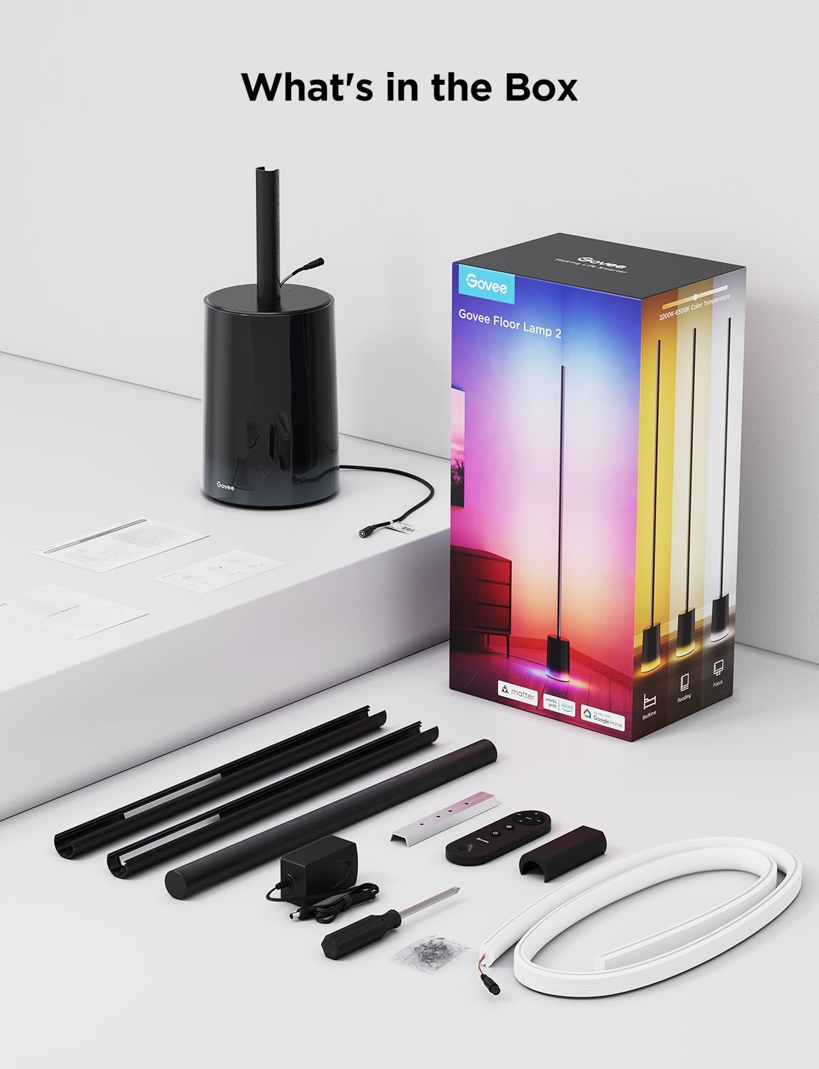 Govee Floor Lamp 2 with Matter, RGBIC Warm Cool White LED Floor Lamp Works with Alexa, 1725lm Corner Floor Lamp with Music Sync, Scene Modes, Smart Floor Lamp for Bedroom, Living Room, Studio, Black