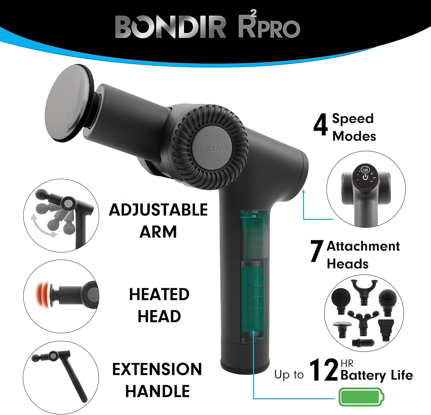 R2 PRO+ Massage Gun - Articulating Deep Tissue Back Massager with Extension Handle and 6X Heads Including Heated Attachment
