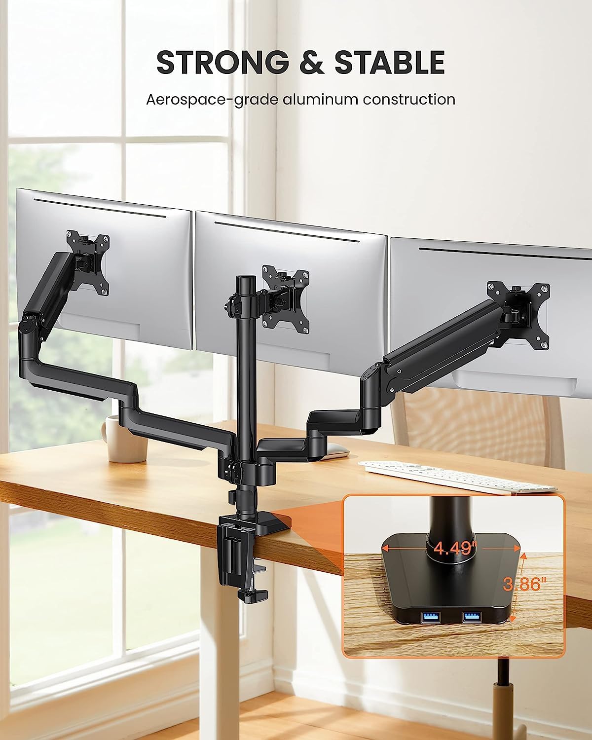ErGear Triple Monitor Mount for 13-27 inch Screens, Gas Springcore Triple Monitor Arm with USB, Heavy Duty Triple Monitor Stand with Tilt, Swivel, Rotation, Holds Up to 17.6 lbs Each Arm