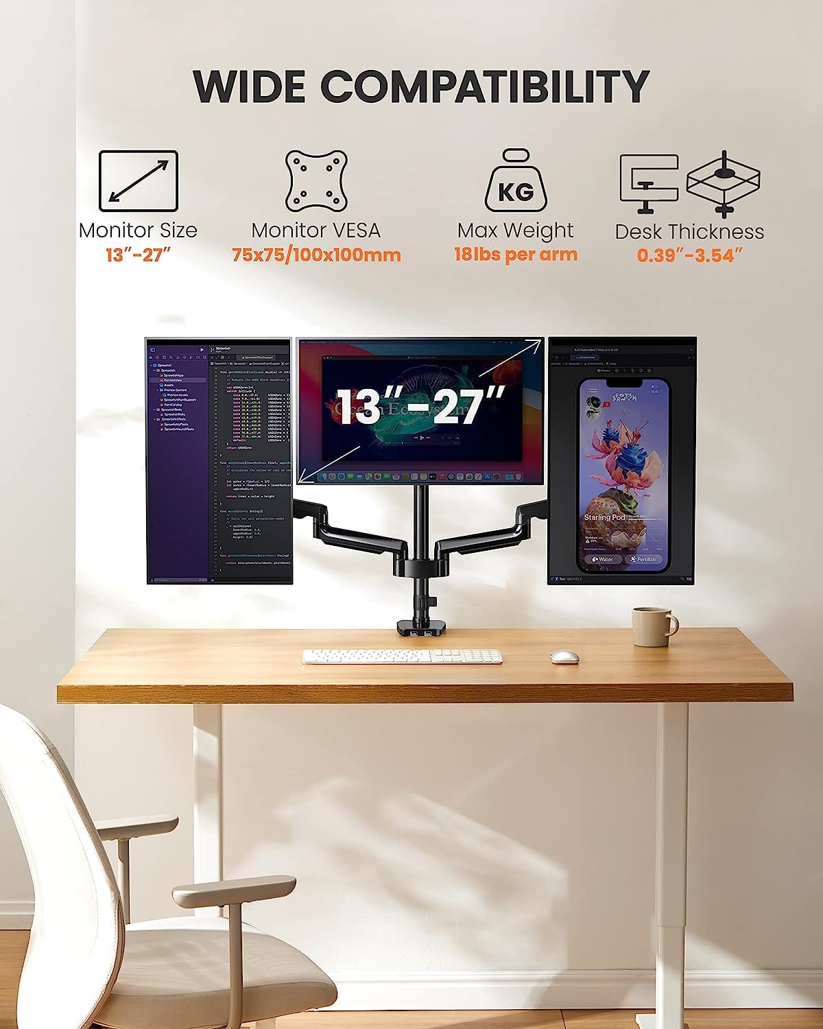 ErGear Triple Monitor Mount for 13-27 inch Screens, Gas Springcore Triple Monitor Arm with USB, Heavy Duty Triple Monitor Stand with Tilt, Swivel, Rotation, Holds Up to 17.6 lbs Each Arm