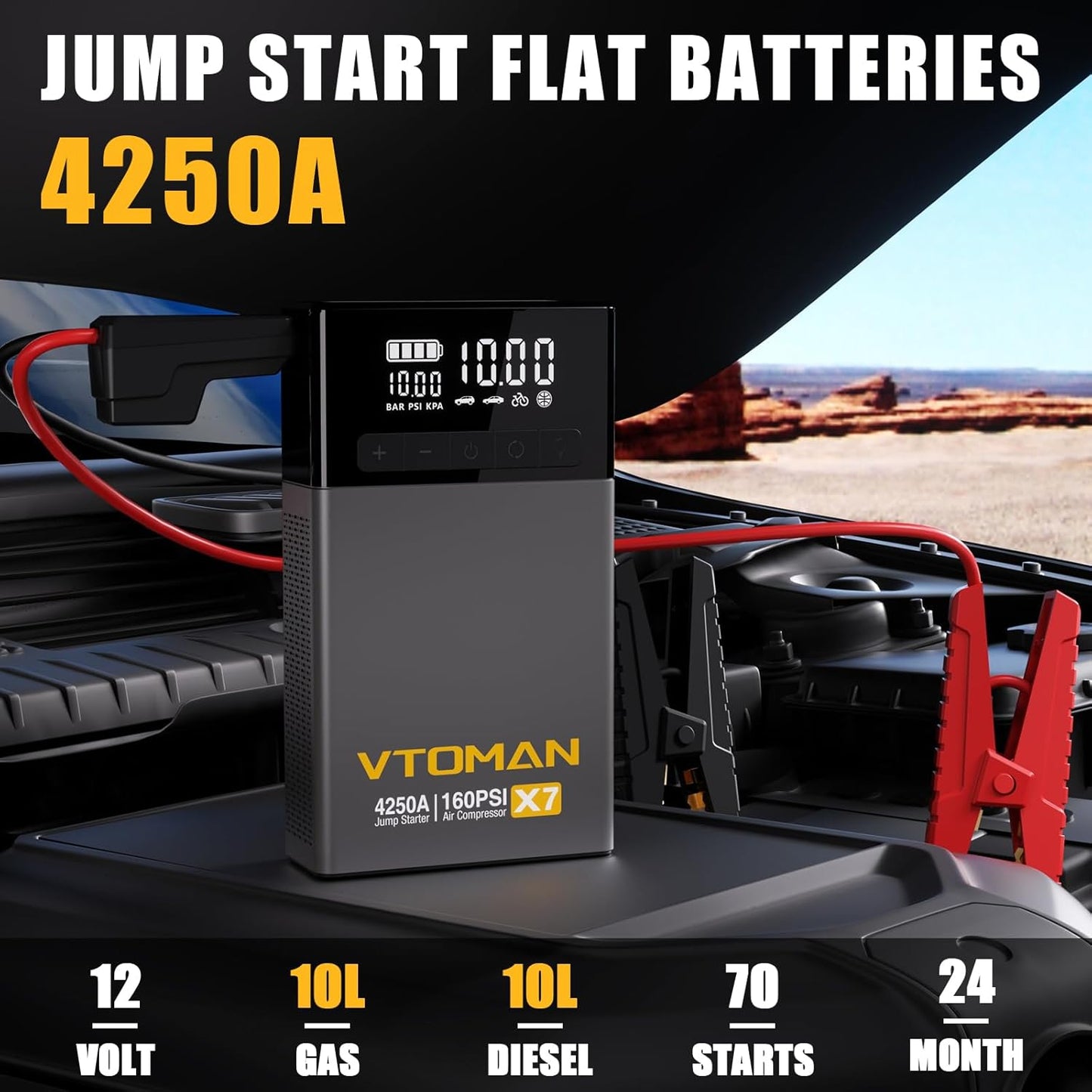 VTOMAN X7 Jump Starter with Air Compressor, 4250A Portable Car Starter with 160PSI Digital Tire Inflator,12V Lithium Battery Charger Booster Box with Type-C Quick Charge (Up 10L Gas/10L Diesel Engine)