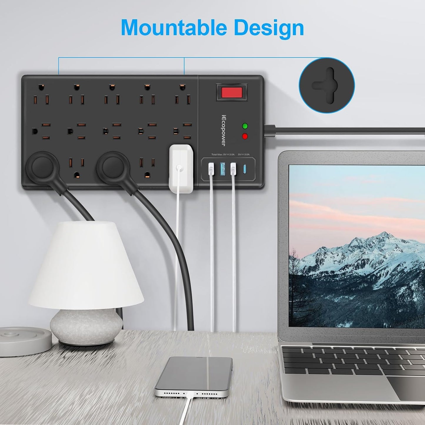 Surge Protector Power Strip 10 ft cord-15 Widely Spaced Outlets and 4 USB Ports(1 USB C Port),14 AWG Extension Cord,1875W/15A Heavy Duty Power Strip Surge Protector 10 ft Cord,2800J, ETL Listed,Black