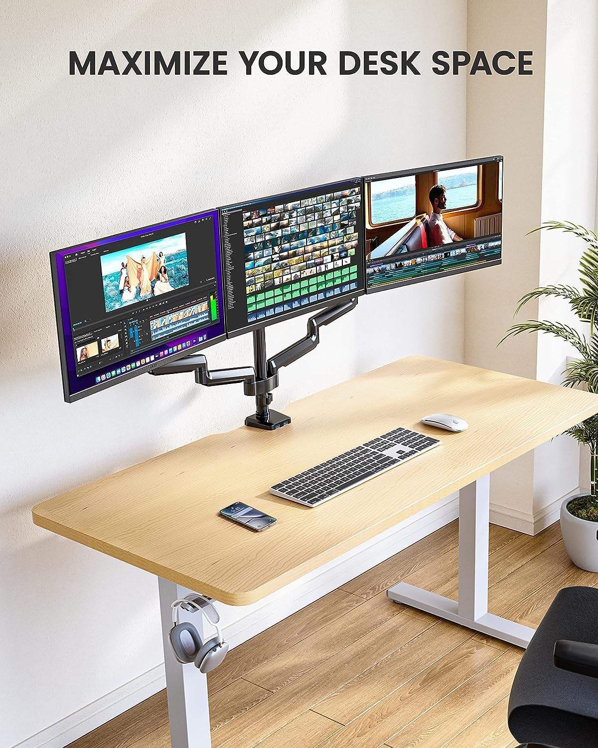 ErGear Triple Monitor Mount for 13-27 inch Screens, Gas Springcore Triple Monitor Arm with USB, Heavy Duty Triple Monitor Stand with Tilt, Swivel, Rotation, Holds Up to 17.6 lbs Each Arm