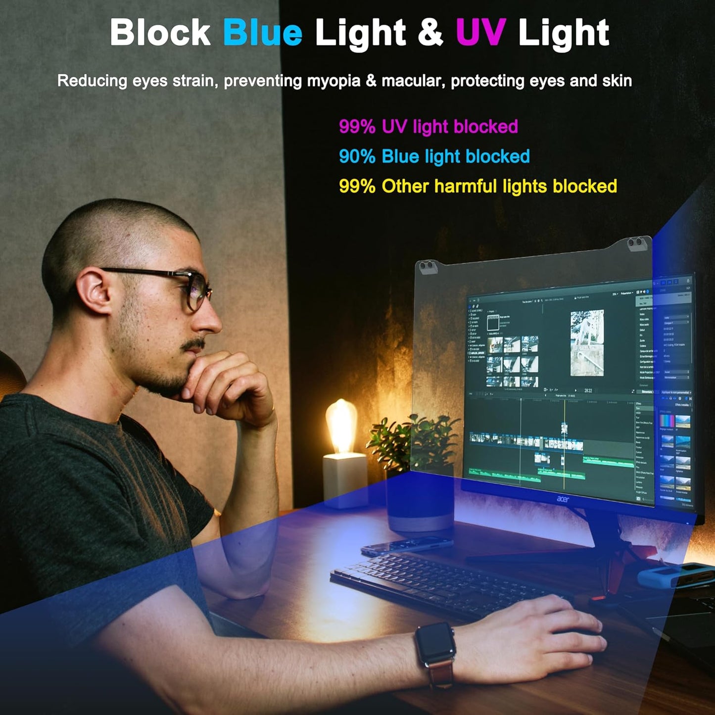 ZYY 23-24 Inch Anti Blue Light Screen Protector for Diagonal 23,23.6,23.8,24 Monitor, Desktop PC UV Blocking Filter (21 1/4 x 13 3/8) for Eye Strain, Hanging Computer Screen Blue Light Blocker