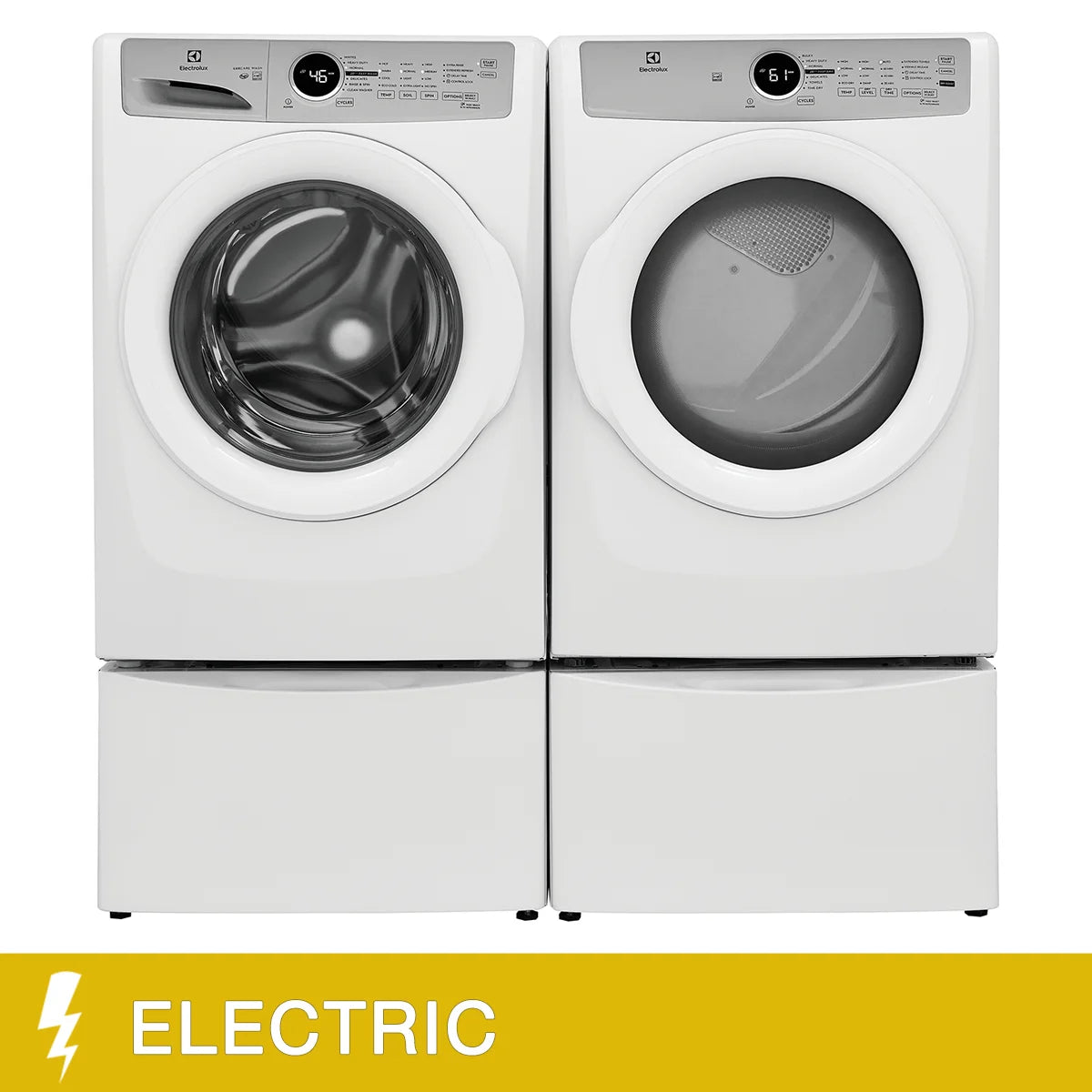 Electrolux 3 Series 4-piece White Front Load Laundry Suite with 5.1 cu. ft. Washer, 8.0 cu. ft. Dryer and 2 Pedestal Storage Drawers