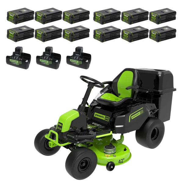 Greenworks 80V 42" Riding Lawn Tractor With 12 4AH Batteries and Bagger Attachment