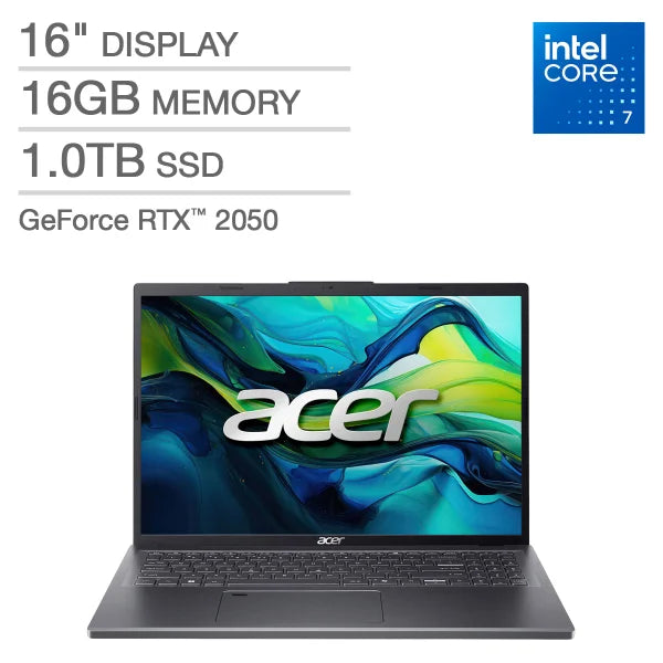 Acer Aspire 16” Laptop – Intel Core 7 150U – GeForce RTX 2050 - 1200p – Windows 11