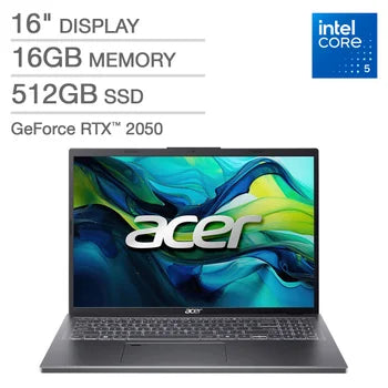 Acer Aspire 16” Laptop – Intel Core 5 120U – GeForce RTX 2050 - 1200p – Windows 11