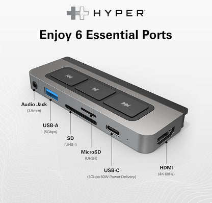 HyperDrive 6-in-1 USB-C Hub with Media Shortcut Buttons for iPad