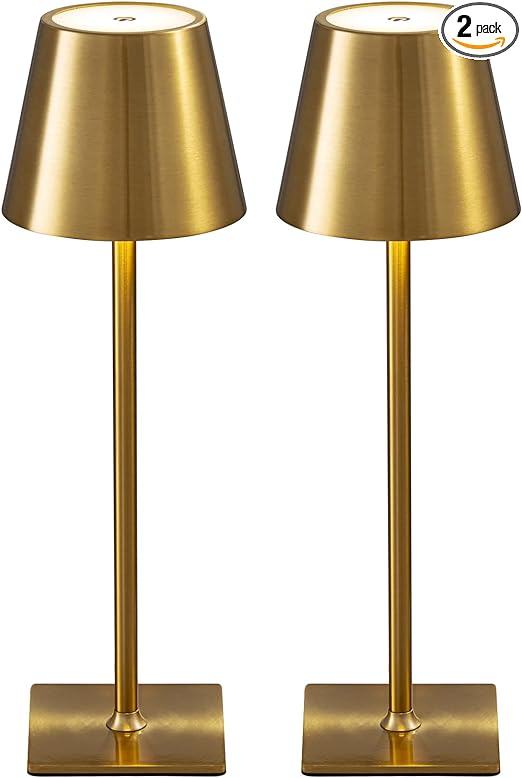 KDG 2 Pack Cordless Table Lamp,Portable LED Desk Lamp, 5000mAh Battery Operated, 3 Color Stepless Dimming Up, for Restaurant/Bedroom/Bars/Outdoor Party/Camping/Coffee Shop Night Light(Gold)