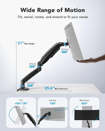 HUANUO Single Monitor Arm Holds 26.48 lbs, Ultrawide Computer Monitor Stand for 35 inch Screens, Upgraded Adjustable Monitor Mount with USB, C-Clamp & Grommet Base, VESA 75x75 or 100x100mm