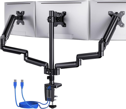 ErGear Triple Monitor Mount for 13-27 inch Screens, Gas Springcore Triple Monitor Arm with USB, Heavy Duty Triple Monitor Stand with Tilt, Swivel, Rotation, Holds Up to 17.6 lbs Each Arm