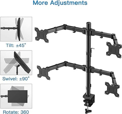 HUANUO Quad Monitor Stand, 4 Monitor Desk Mount for 13-27 inch Computer Screens with Full Articulation, Heavy Duty Monitor Arm Desk Stand Fully Adjustable Stacked Mount Holds up to 22LBS per Arm