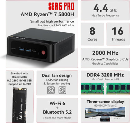 Beelink SER5 Mini PC,AMD Ryzen 7 5800H PRO(8C/16T,up to 4.4GHz),Mini Computer with 16GB DDR4 RAM/500GB M.2 2280 SSD,Micro PC Support 4K FPS,WiFi6/BT5.2/USB3.2/Home/Office/Game