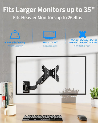 MOUNTUP Single Monitor Wall Mount for 17-35 Inch Screen, Ultrawide Wall Monitor Arm Holds 6.6-26.4lbs, Full Motion Adjustable Gas Spring Stand with VESA Extension Bracket for Max 200mm VESA Computer