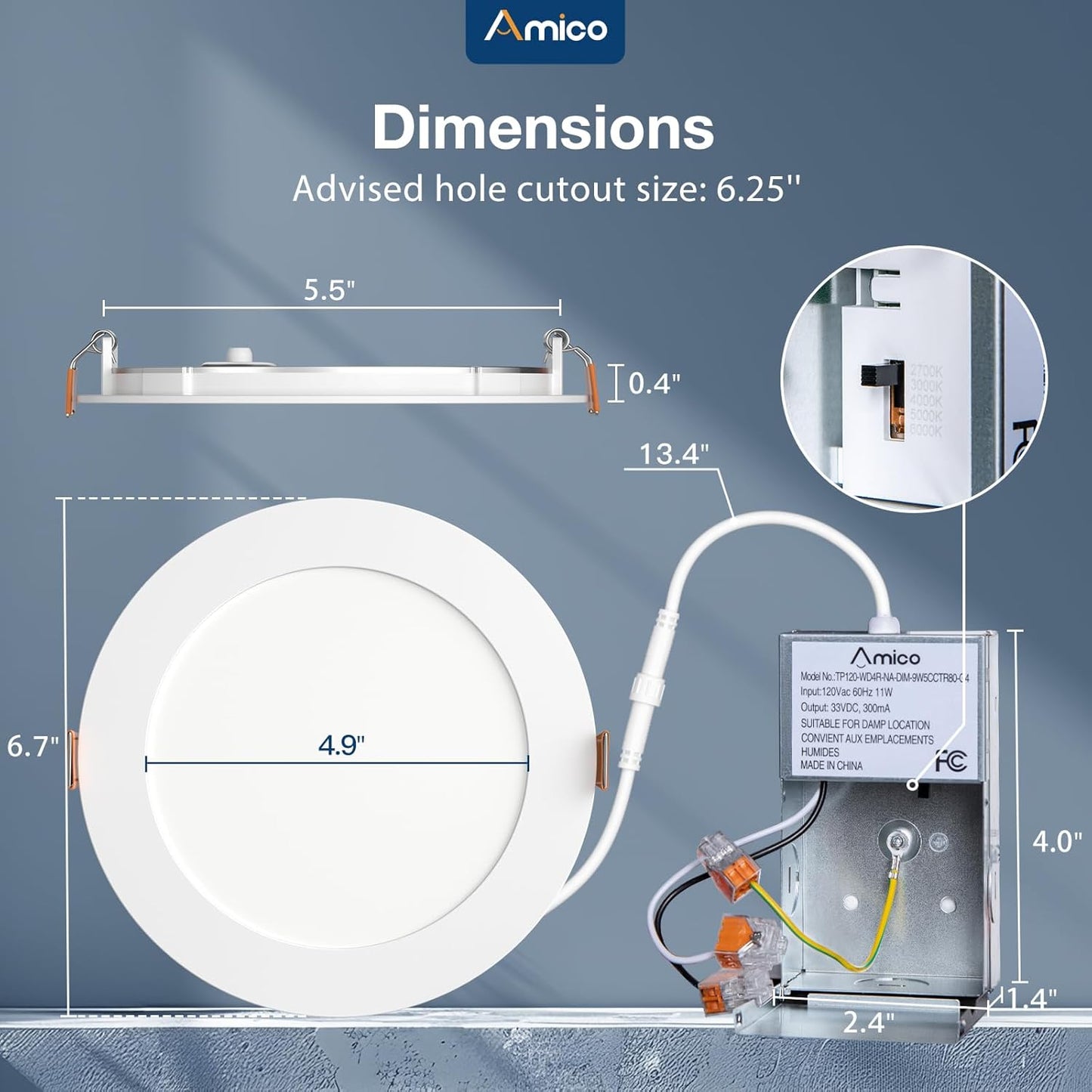 Amico 20 Pack 6 Inch 5CCT Ultra-Thin LED Recessed Ceiling Light with Junction Box, 2700K/3000K/4000K/5000K/6000K Selectable, Dimmable Can Light, 1200LM High Brightness Downlight,15W Eqv 130W,ETL