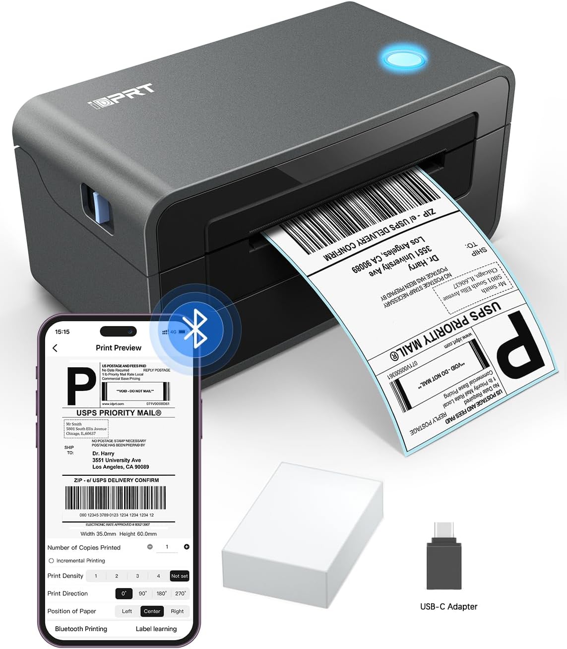 iDPRT Bluetooth Thermal Shipping Label Printer for Phone, 4x6 Printer, Support Windows/Mac/iOS/Android, Thermal Printer for Small Business and Shipping Package, Used for Ebay, Amazon, UPS, USPS