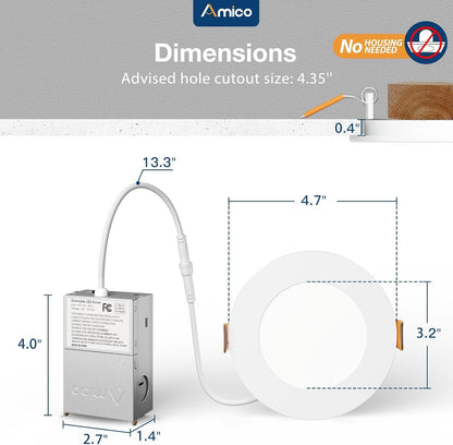 Amico 20 Pack 4 Inch 5CCT Ultra-Thin LED Recessed Ceiling Light with Junction Box, 2700K/3000K/3500K/4000K/5000K Selectable, 11W Eqv 70W, Dimmable Can Light, 800LM High Brightness Downlight - ETL