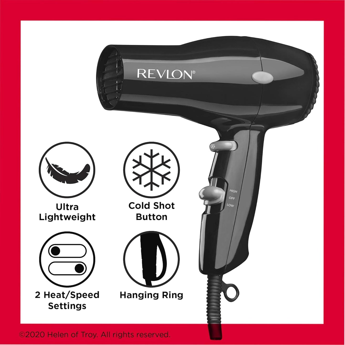 Revlon RVDR5034F Compact Hair Dryer, Lightweight, Multiple Heat/Speed Settings, Travel Friendly, Black