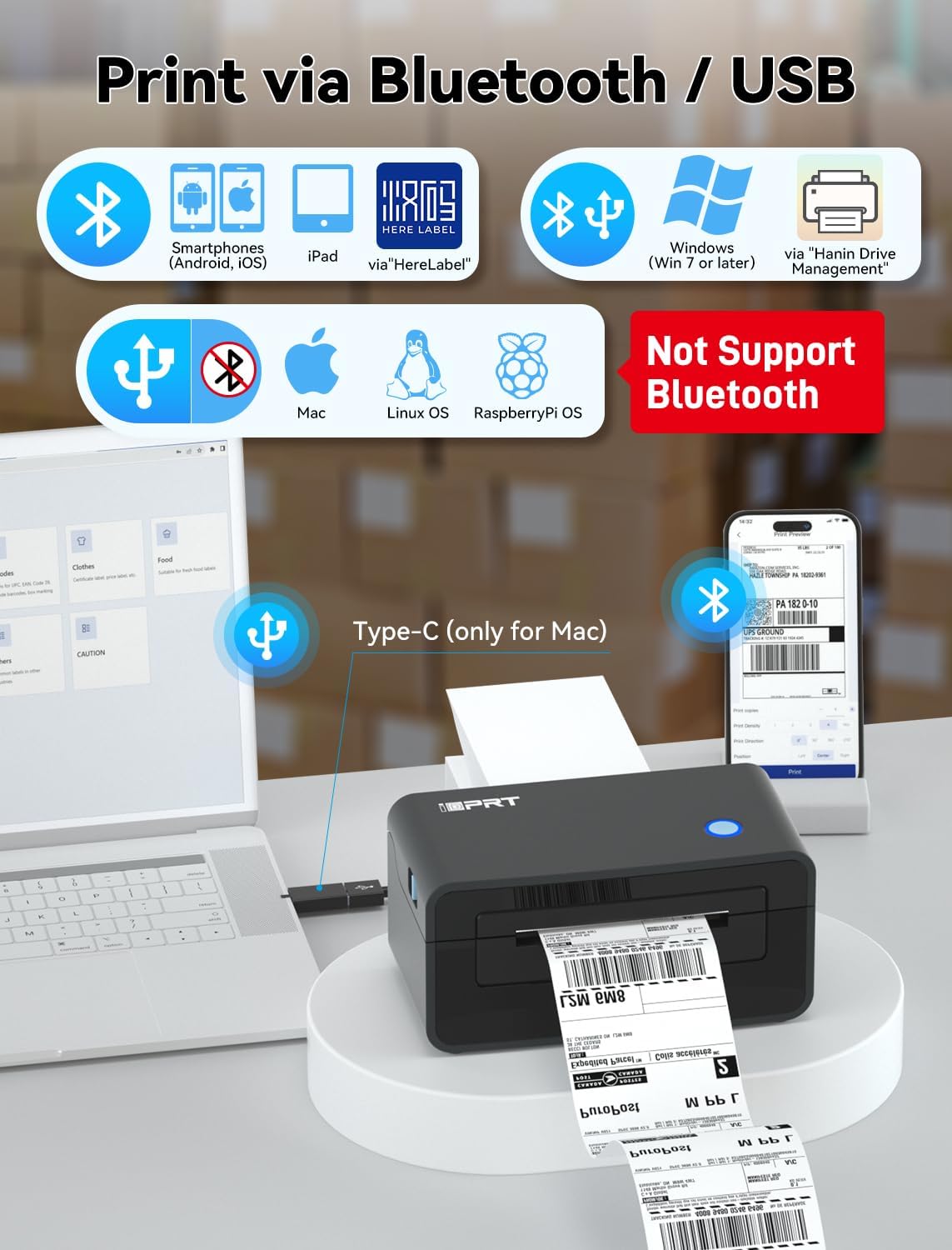 iDPRT Bluetooth Thermal Shipping Label Printer for Phone, 4x6 Printer, Support Windows/Mac/iOS/Android, Thermal Printer for Small Business and Shipping Package, Used for Ebay, Amazon, UPS, USPS