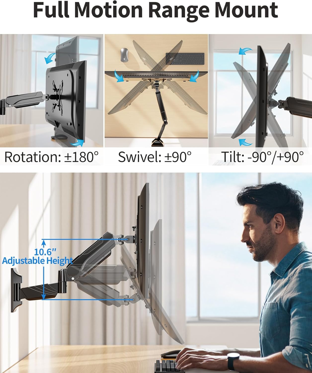 MOUNTUP Single Monitor Wall Mount for 17-35 Inch Screen, Ultrawide Wall Monitor Arm Holds 6.6-26.4lbs, Full Motion Adjustable Gas Spring Stand with VESA Extension Bracket for Max 200mm VESA Computer