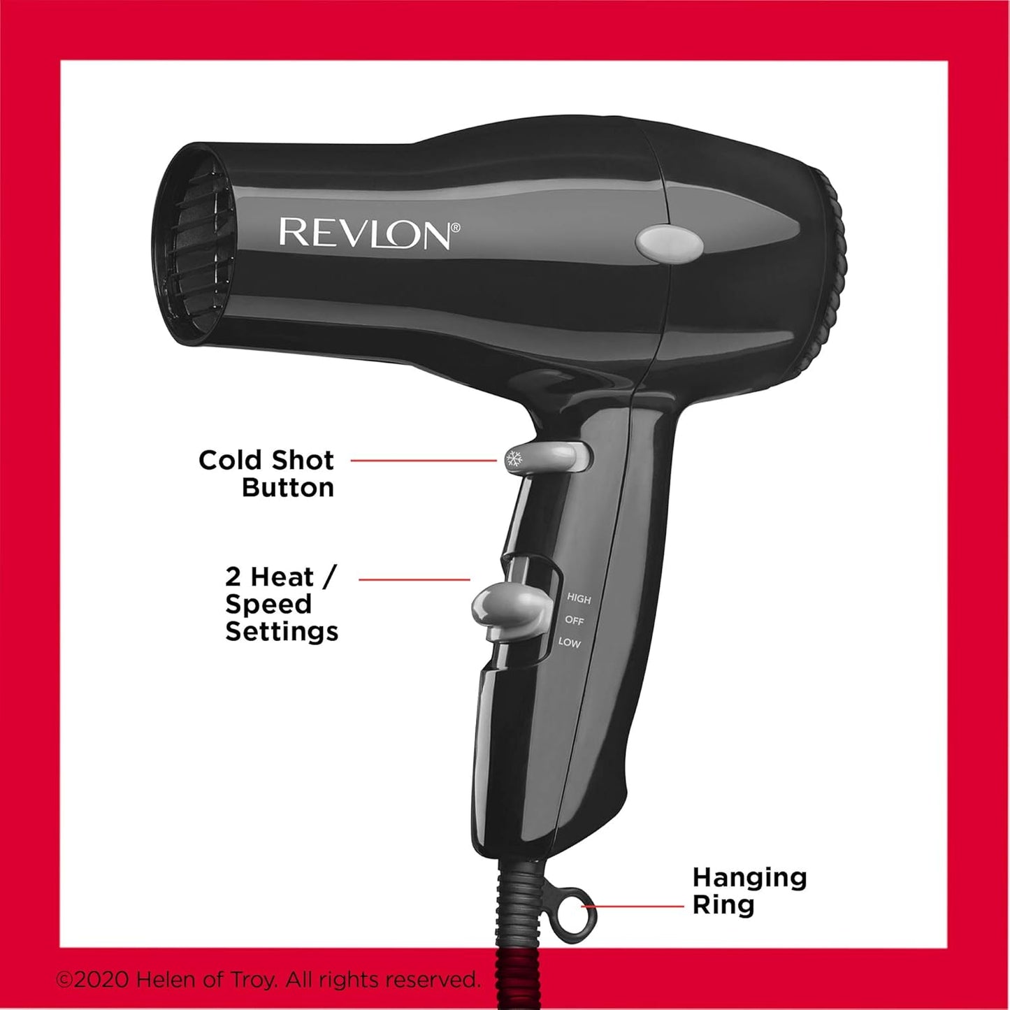 Revlon RVDR5034F Compact Hair Dryer, Lightweight, Multiple Heat/Speed Settings, Travel Friendly, Black