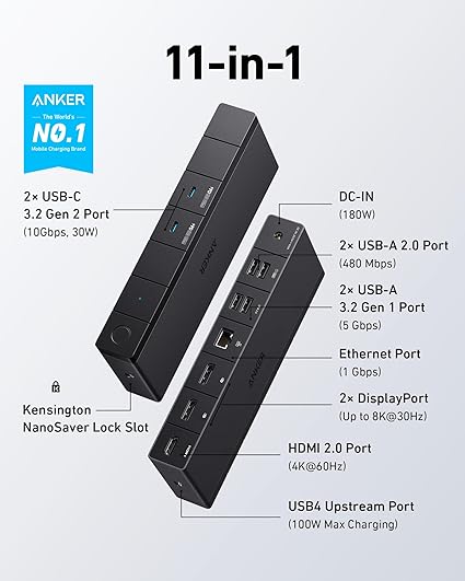 Anker 568 USB-C Docking Station (11-in-1, USB4), Up to 100W Charging for Laptop, 40Gbps Data Transfer, Ethernet, Single 8K, Triple 4K Display, 6 USB Ports for Windows Laptop and More(Gray)