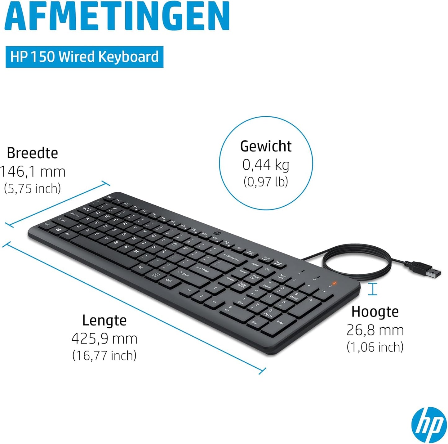 HP 150 Wired Keyboard - Full-Sized, Keyboard with Numeric Keypad - Silent-Touch Chiclet Keyboard - Ergonomic, Comfortable Design - USB Plug-and-Play Connectivity, LED Indicators (240J7AA, Black)