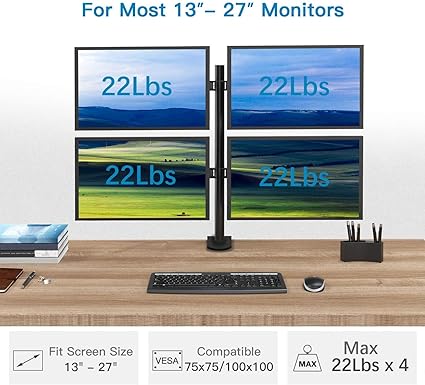 HUANUO Quad Monitor Stand, 4 Monitor Desk Mount for 13-27 inch Computer Screens with Full Articulation, Heavy Duty Monitor Arm Desk Stand Fully Adjustable Stacked Mount Holds up to 22LBS per Arm