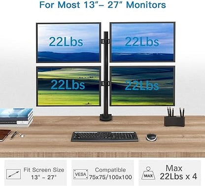 HUANUO Quad Monitor Stand, 4 Monitor Desk Mount for 13-27 inch Computer Screens with Full Articulation, Heavy Duty Monitor Arm Desk Stand Fully Adjustable Stacked Mount Holds up to 22LBS per Arm