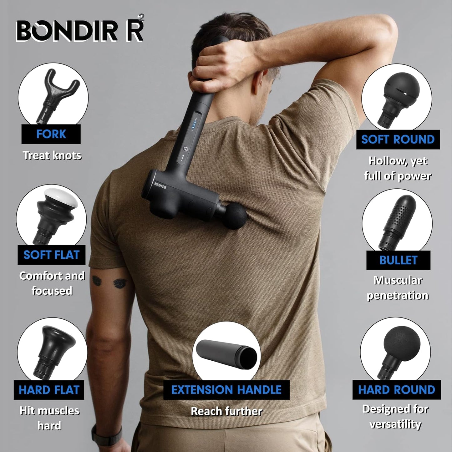 R2 Massage Gun - Percussion Deep Tissue Back Massager with Extension Handle