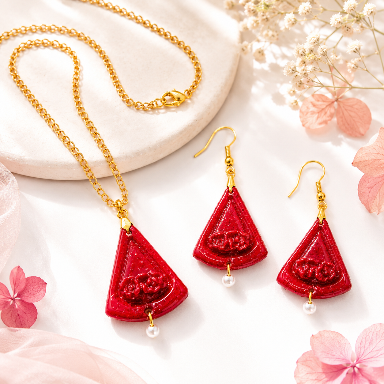 Ruby Petal Necklace Set